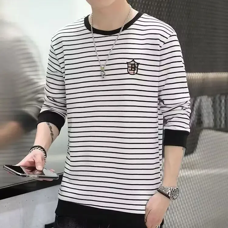 thumbnail image 1 of Tendencias de moda de corte entallado 2024 Camiseta de cuello redondo para hombre Suéteres ajustados para hombre Manga larga Elasticidad Una pieza Sudaderas emo XXL, 1 of 5