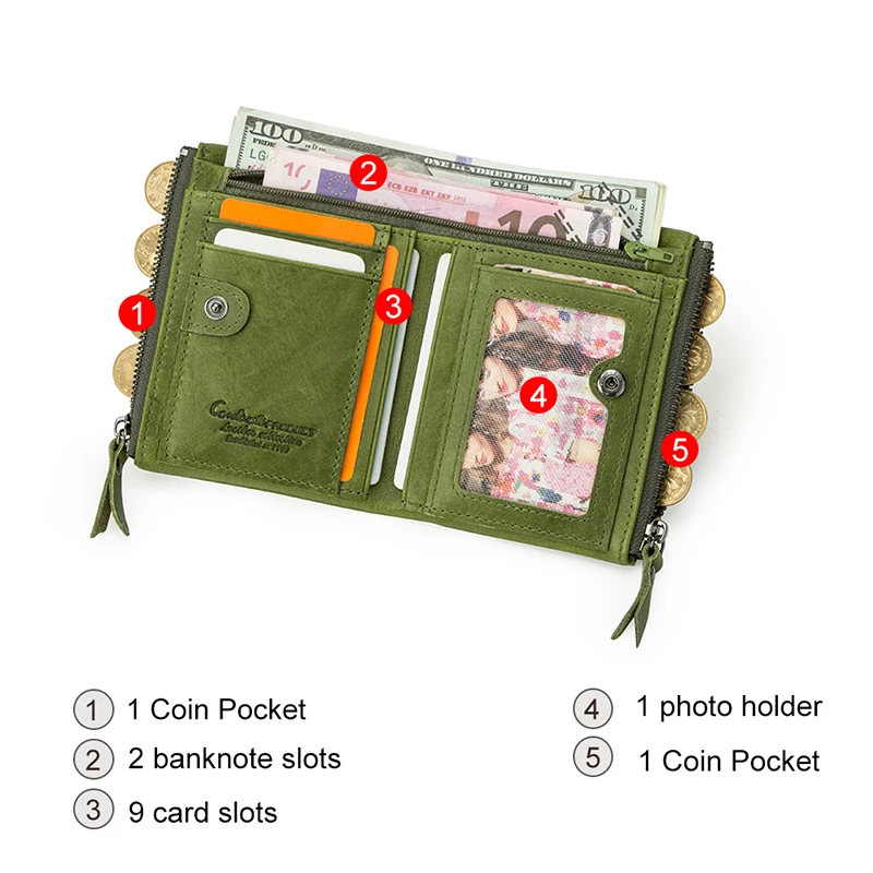 CONTACT'S Genuine Leather Wallets for Women Vintage Bifold Fashion Business Purse Card Holder Coin Purse Money Clip Men Wallets 5