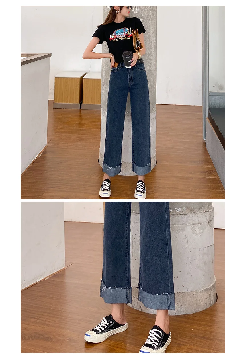 apple bottom jeans New dark blue high waist slim jeans denim women straight loose rolled-up pants brand new sexy tide high quality jeans jeans women