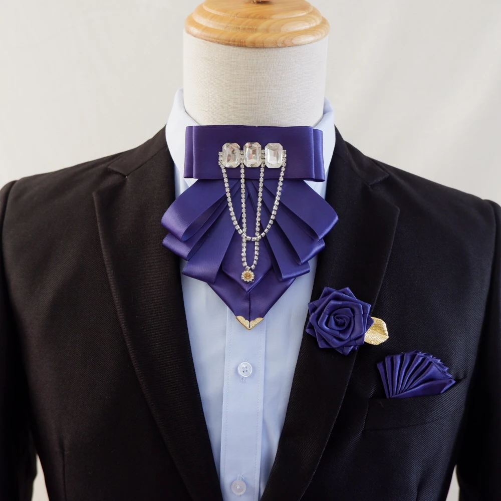 Fashion Tassel Rhinestone Bow Tie British Business Banquet Dress Collar Flowers Men's Wedding Bow-tie Brooch 3 Pcs Set bow tie