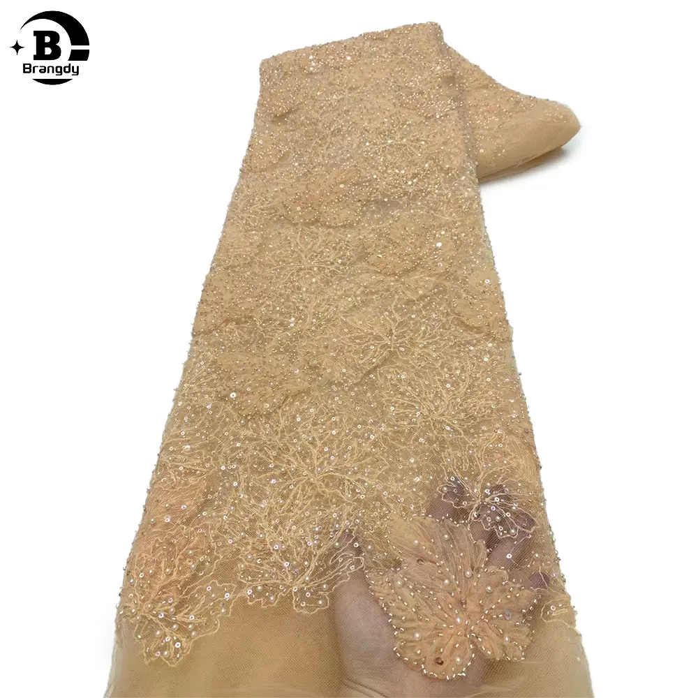 

Африканская кружевная ткань с 3D бусинами 2024 высококачественное кружево 5 ярдов французская нигерийская кружевная ткань с блестками для свадебного платья