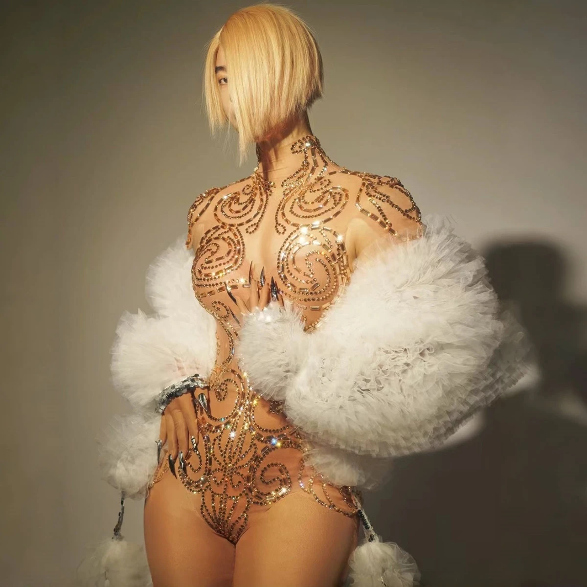 

Flashing Gold Rhinestones Sexy See Through Sheath Bodysuit Evening Party Performance Costume Nightclub Singer Dancer Stage Wear