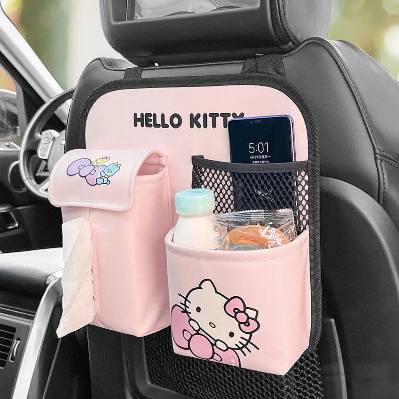 Kawaii Hello Kitty Car Seat Back Organizer Anime Multi-Pocket Bottle Holder  Tissue Storage Bag Auto