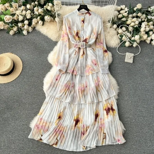 2024 Spring New French Gentle Style Printed Chiffon Dress Women's Hundred Pleated Ruffle Edge Holiday Cake Muslim Dress Women