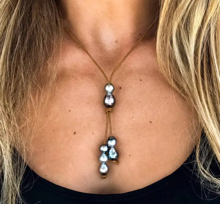 Tahitian Pearl Knotted Drop Necklace with Blonde Baroque Tahitian Pearls on Leather, Handmade Pearl and Leather necklace