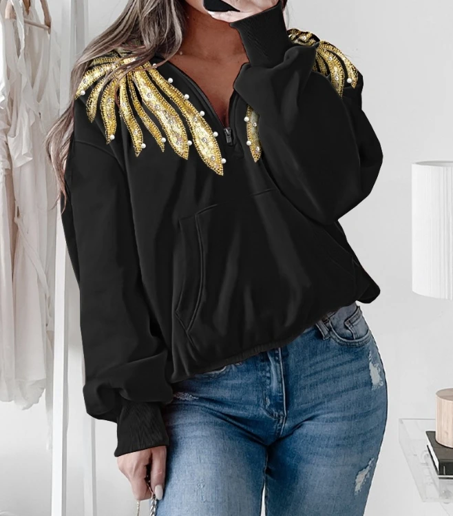 Y2K Women's Outerwear 2023 Winter New Fashion Casual Pocket Design Graphic Decor Contrast Sequin Zipper Design Sweatshirt