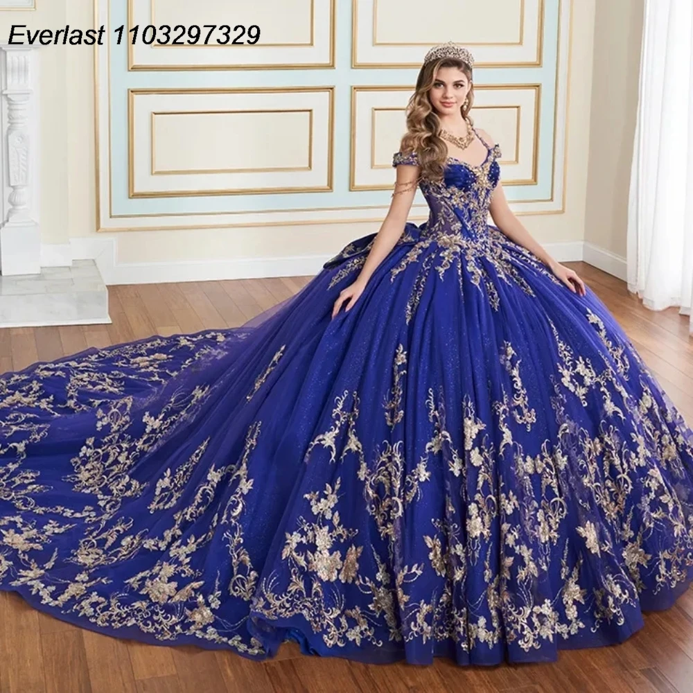 EVLAST Glitter Pink Quinceanera Dress Ball Gown Gold Lace Applique Beaded Bow Corset Sweet 16 Vestidos 15 Anos TQD847