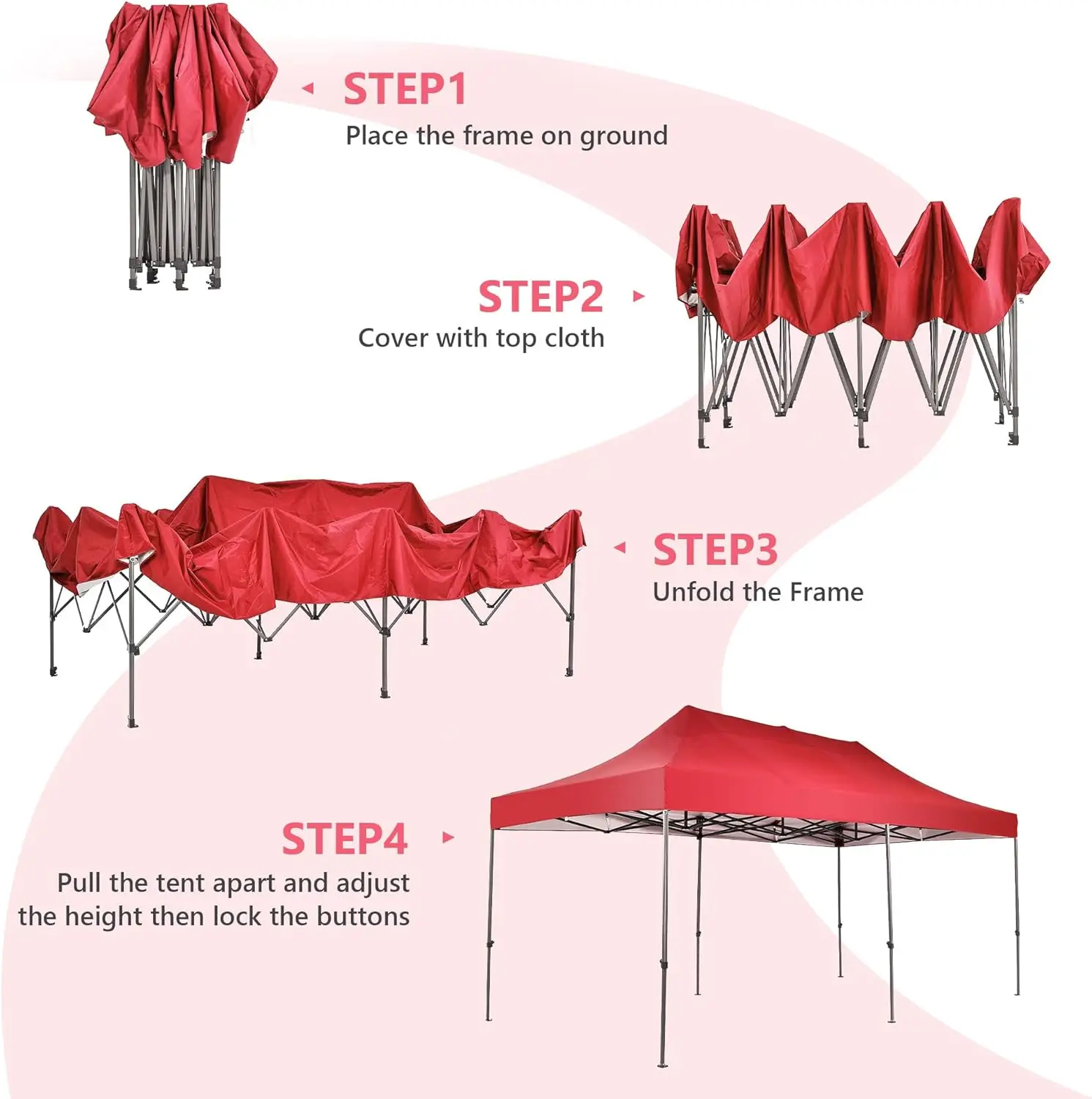 10x20 ft Instant Pop up Canopy, Folding Heavy Duty Height Adjustable Shelter Gazebos with Wheeled Bag Red
