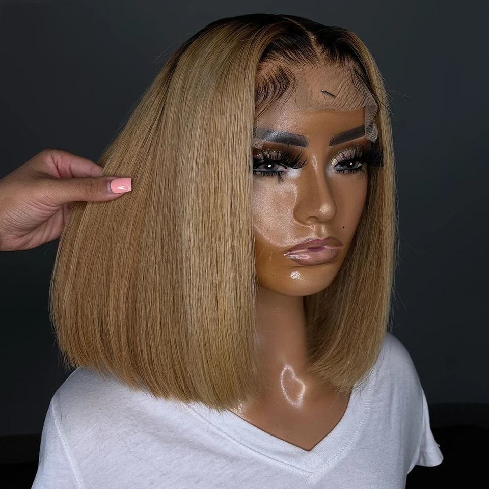 

Soft 180%Density Natural Hairline Ombre Blonde Short Bob Preplucked Silky Straight Lace Front Wig For Black Women BabyHair Daily