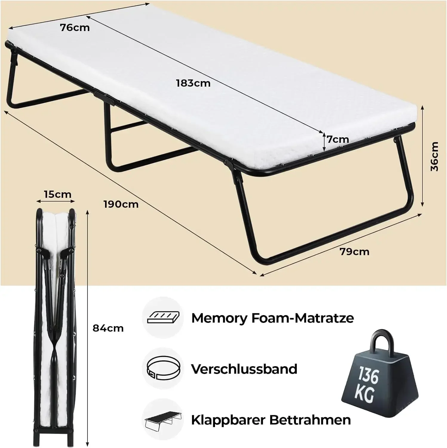 Folding Bed,Adult Guest Bed,80x190cm with 7cm Thick Memory