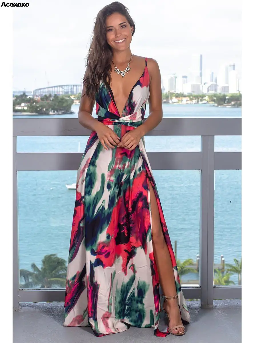 

Summer new women's fashion casual sleeveless halters V-neck leakback print beach slit dress