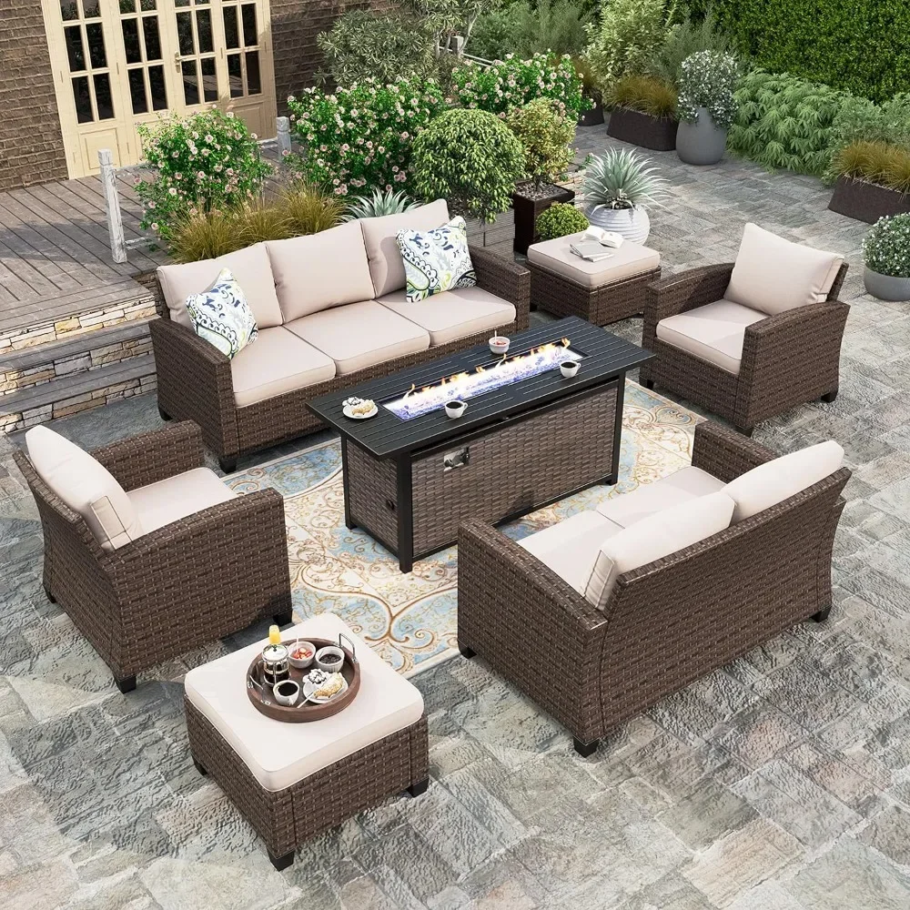 

7PCS Fire Pit Wicker Patio Furniture Set, 2 x Single Chair, 2 x Ottoman, 2-Seat Lover Sofa, 3-Seat Sofa, 56" Fire Pit Table