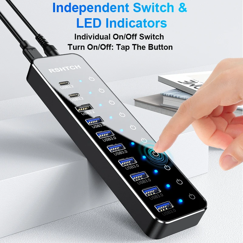 RSHTECH USB C Hub Splitter Individual Touch Switches with 10Gbps USB-A & 2 USB-C Data Ports 7 USB-A 3.0 Ports for Macbook Laptop 5