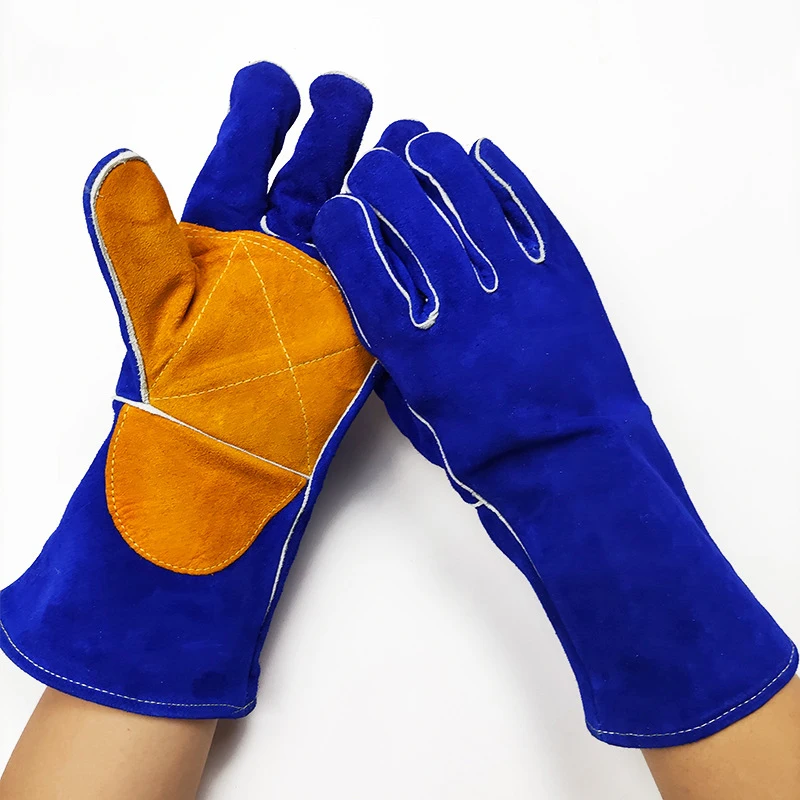 Welding Gloves 14 Inch Long Sleeves Gloves Blue Heat/Fire Resistant Leather For Stick,Mig,Tig, BBQ,Grill,Fireplace,Wood Stove 4