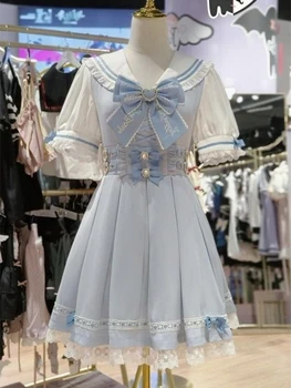 Summer Kawaii Sweet Slim Dress Women Japanese Lovely Bow Blue Lolita Dresses Female Pretty Elegant Lace New Ruffle Outfits 1