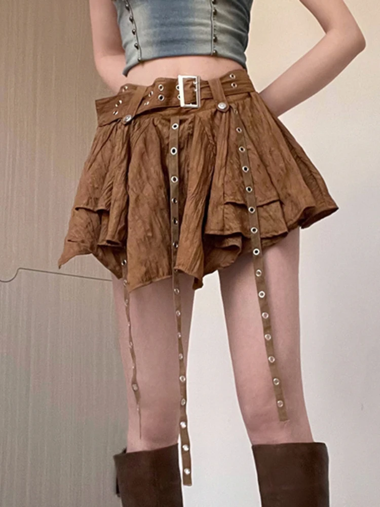 

Y2k Women Solid Color Mini Skirts Low Waist Irregular Hem Strappy Short Skirts with Buckle Belt Summer Skirts with Lined Shorts