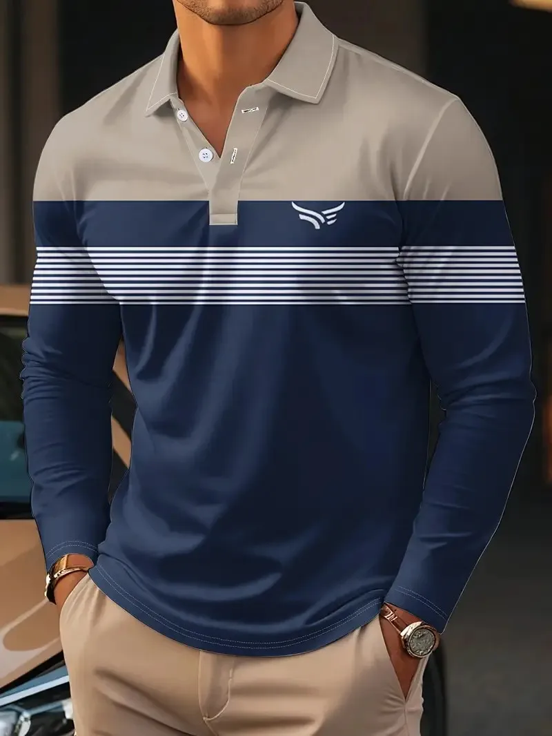 Men’s long sleeve 3D striped breathable casual streetwear polo shirt 002