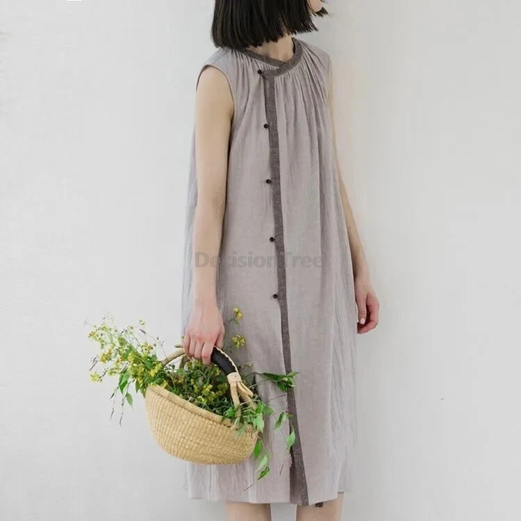 loose leisure sleeveless cotton linen robe chinese style literature art zen robe simple vintage trendy daily women dress