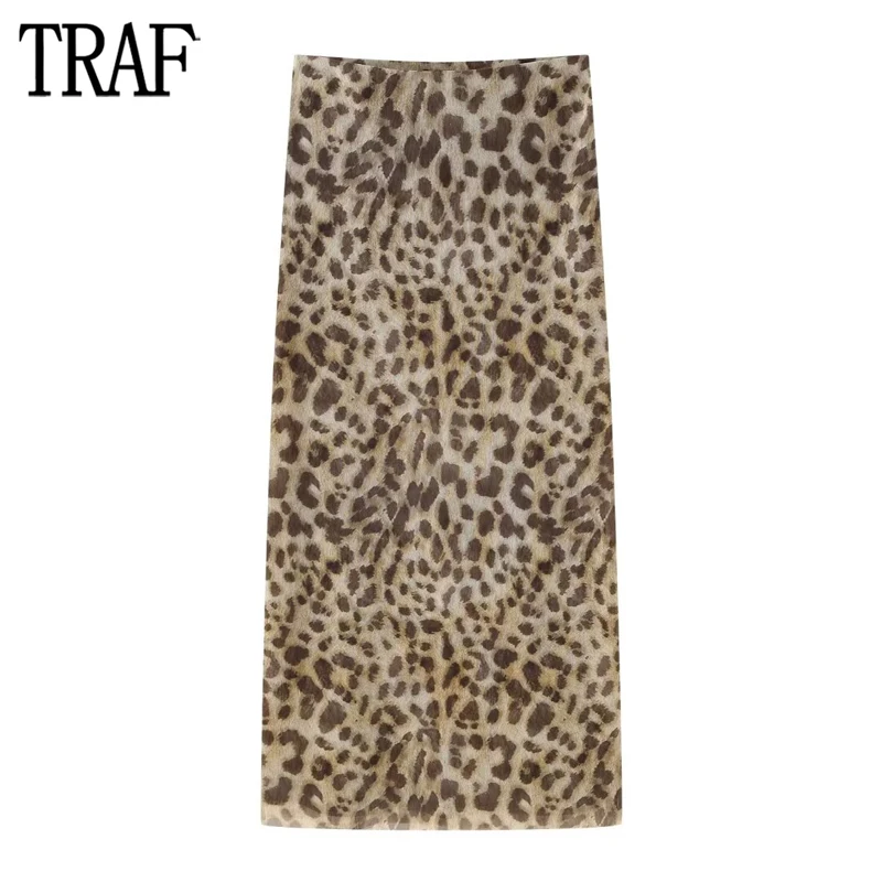 Never Fully Dressed - Gonna midi in raso con stampa leopardata e finiture in pizzo sull'orlo