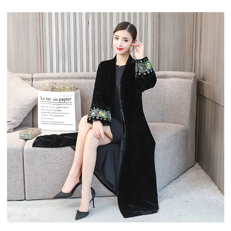 

Stylish Sleeve exquisite Embroidery Vintage Velvet Kimono Trench New women V neck Mid Long Windbreaker Coat Outerwear clothes