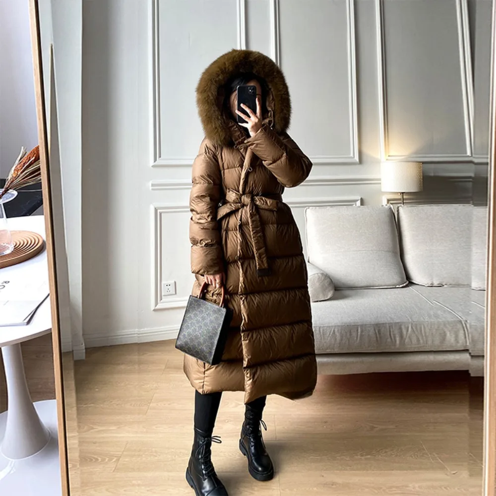 Real Fur Jacket 2024 Winter Women White Duck Down Jackets Ultra Light Warm Long Parkas Fox Fur Collar Female Hooded Snow Coats