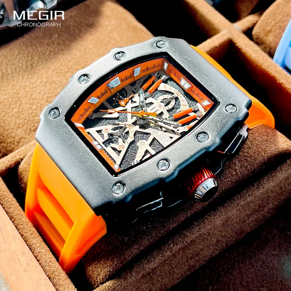 MEGIR Military Sport Orange Silicone Strap Quartz Watch Men Fashion Luminous Tonneau Dial Chronograph Wristwatch with Date 2218
