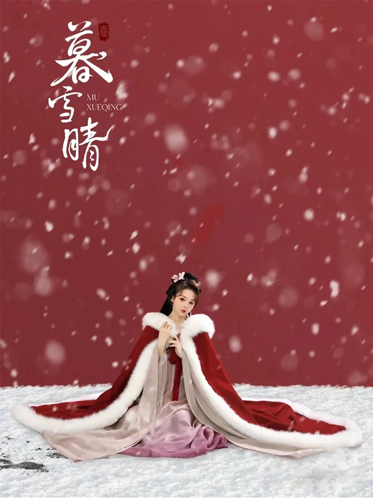 Chinese Style Han Costume Hooded Cloak for Women Winter New Fleece Lined Padded Warm Keeping Cloak