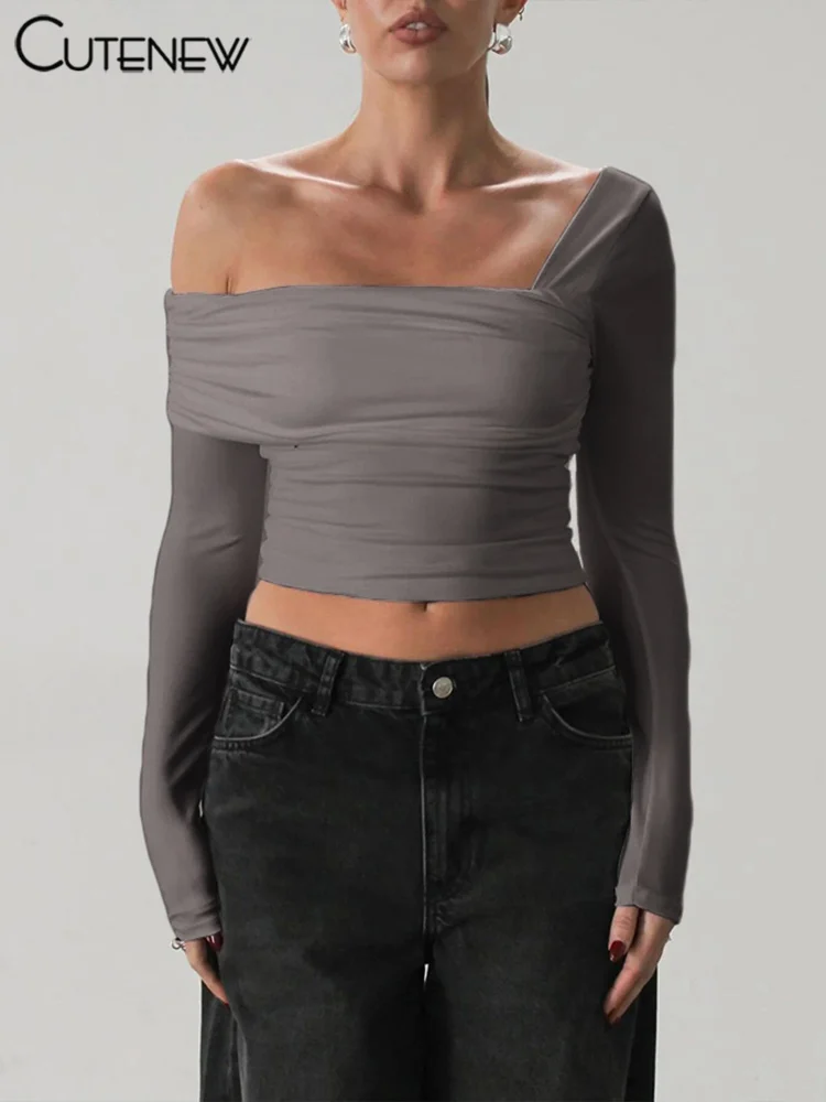 Asymmetrical Slash Neck Wild Women T-shirts Concise Ruched Full Sleeve Skinny Crop Tees Trend Basic Female Street Tops