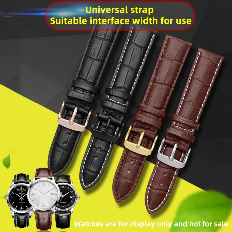 Elegant Universal Leather Watch Strap with Butterfly Buckle - Black & Brown Adjustable Bracelet