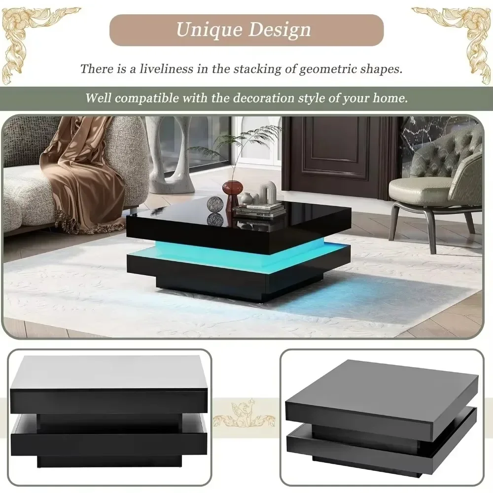 Coffee Table Modern Minimalist Design High Gloss 31.5 Inch 2 Tier Square with Plug-In 16 Color LED Lights Caf&eacute; Tables