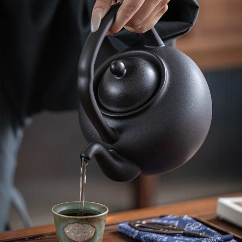 1000ML Zen Black Pottery Ceramic Teapothandmade Palace Lantern Lifting Handle Pot Boiling Water Kettle For Charcoal Stove Teaset