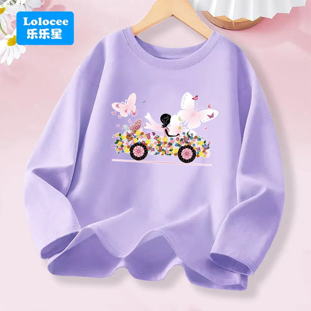 Pink Flower Butterfly Graphic Long Sleeve Girls' Fashion Tee