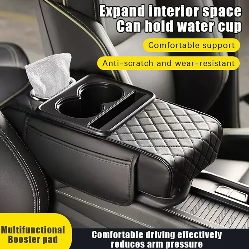 Car Armrest Storage Box, Car Center Console Organizer, Armrest Heightening Cushion With Cup Holder Armrest Storage Organizer Box 2