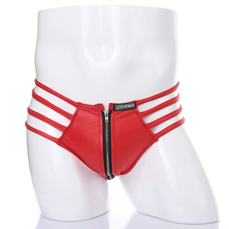 CLEVER-MENMODE Sexy Men's Underwear PU Faux Leather Thong BDSM Bandage Zipper Briefs Jockstraps Erotic Lingerie String Panties