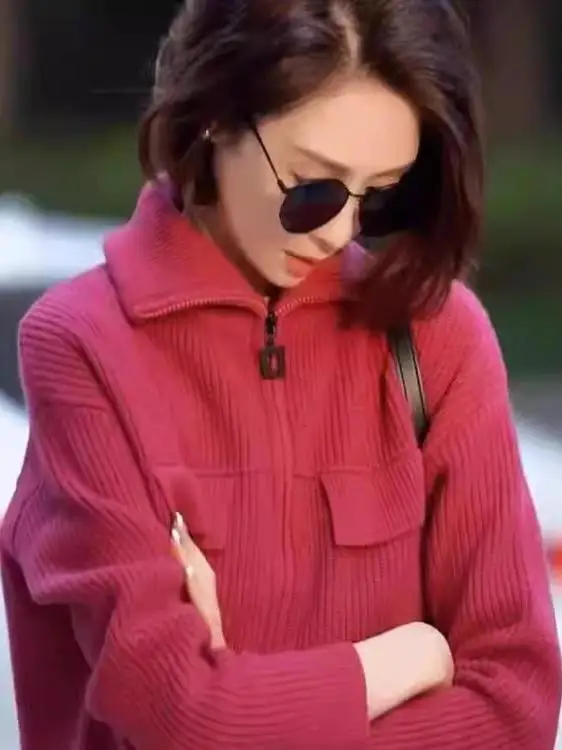 New 100% pure cashmere cardigan in autumn and winter women's POLO collar cashmere rose red coat knitted hooded sweater 2