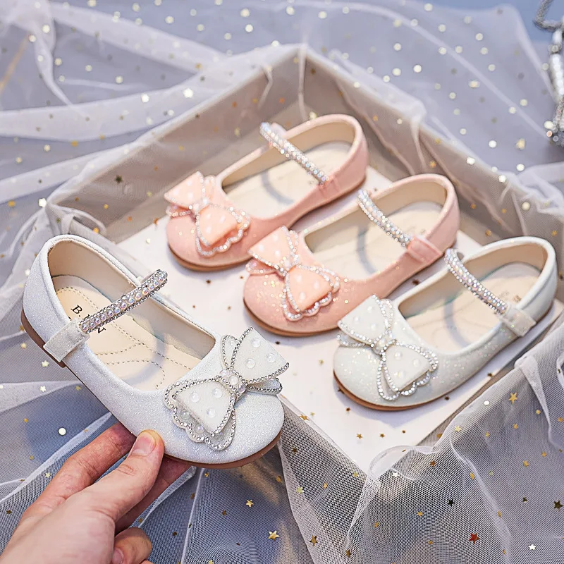 Children Princess Flat Shoes Spring Autumn Flower Girl Butterfly Leather Shoe Cute Bow Diamond Kids Baby Luxury Party Shoes Pink girl s flat shoes candy color princess little leather shoes soft bottom single shoes for kids pink beige khaki 2 12t