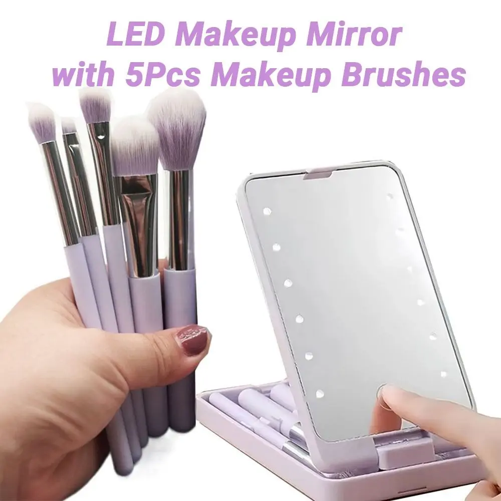 Rotatable Mirror Travel Makeup Brush with Light Adjustable Brightness USB Rechargeable LED Makeup Mirror Brush Set Foldable