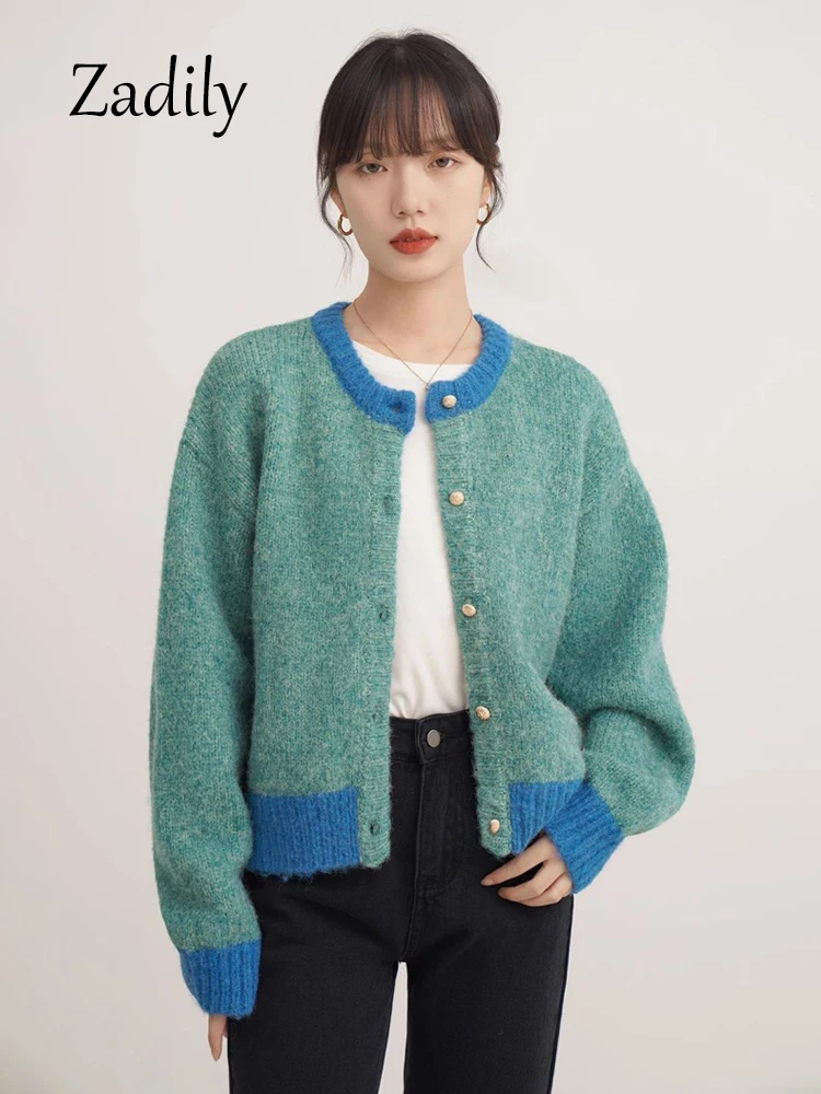 

Zadily 2023 Winter Minimalist Women Sweater Cardigan Korea Style O Neck Long Sleeve Patchwork Knit Coat Ladies Warm Clothing