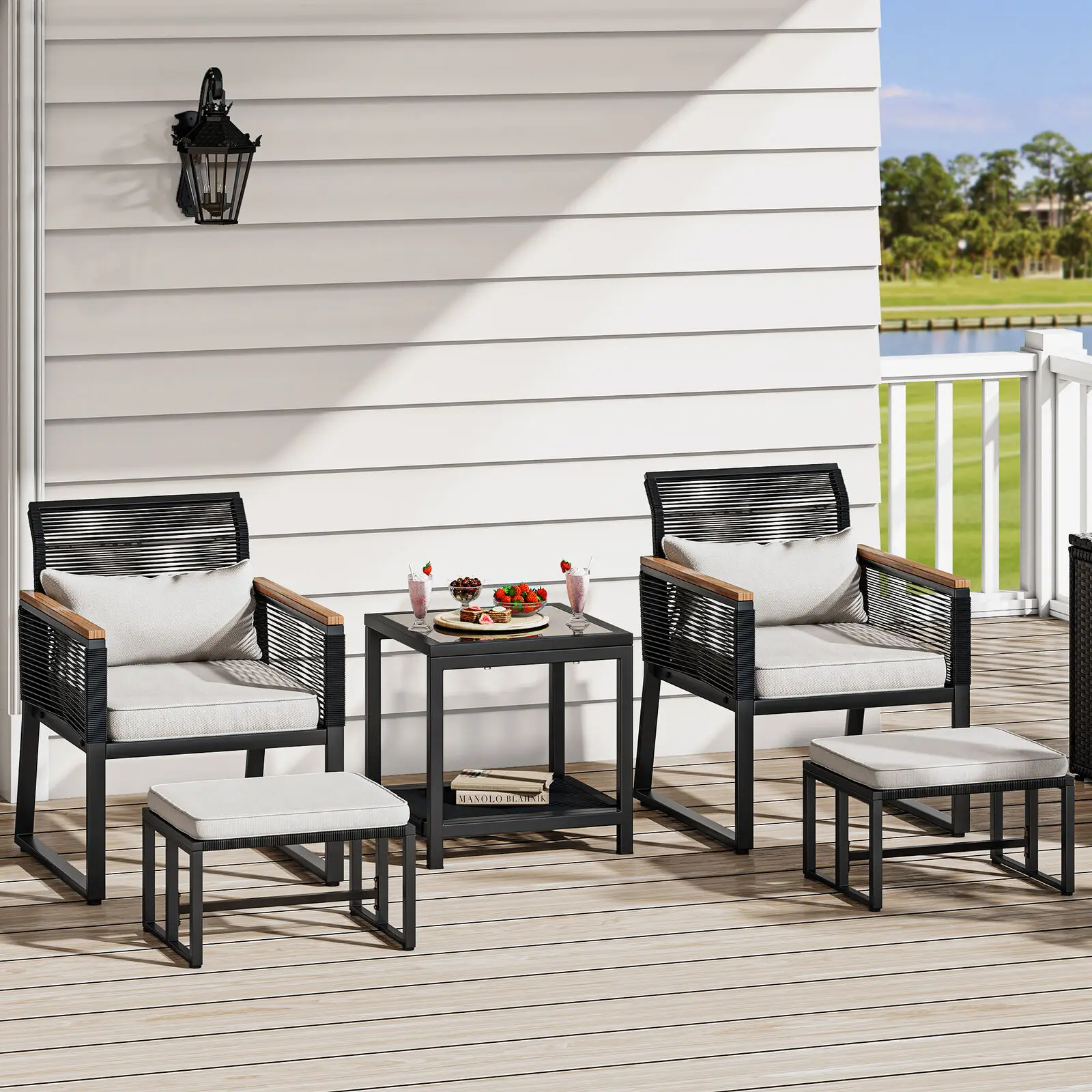 5pcs Outdoor Patio Bistro Set Rattan Wicker Chairs Conversation set w/ footrest