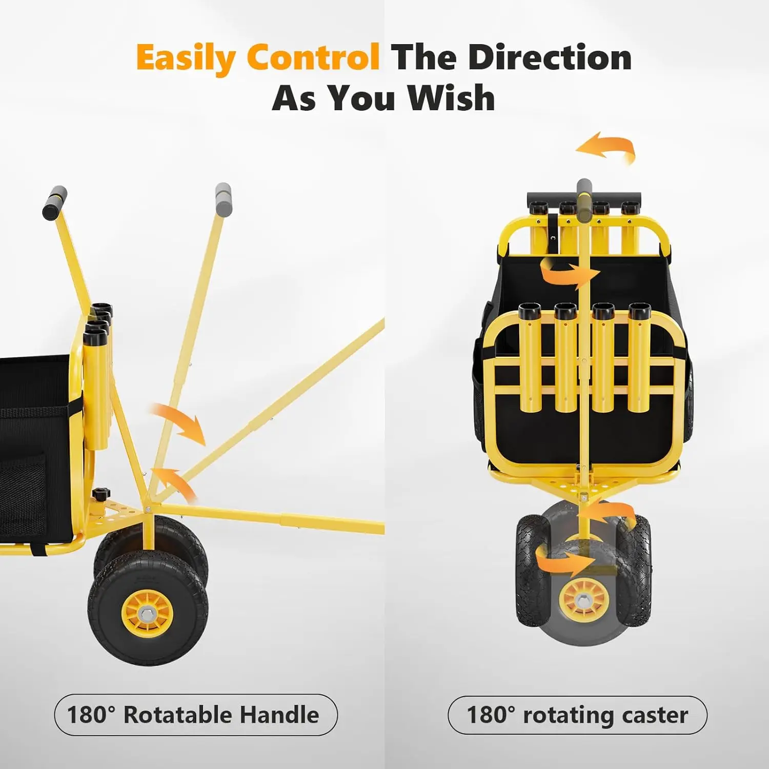 Foldable Trolley with 11" Airless Tires, Beach Trailer with Large Cargo Basket, 550 lbs Load Capacity, 8 Fishing Rod Holders