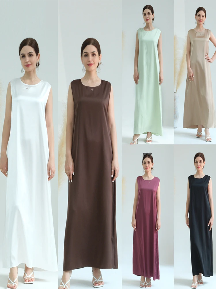 

Black White Satin Silky Shimmer Under Abaya Dress Dubai Luxury 2024 Summer Women Turkey Islam Muslim Robe Vestidos Musulmanes
