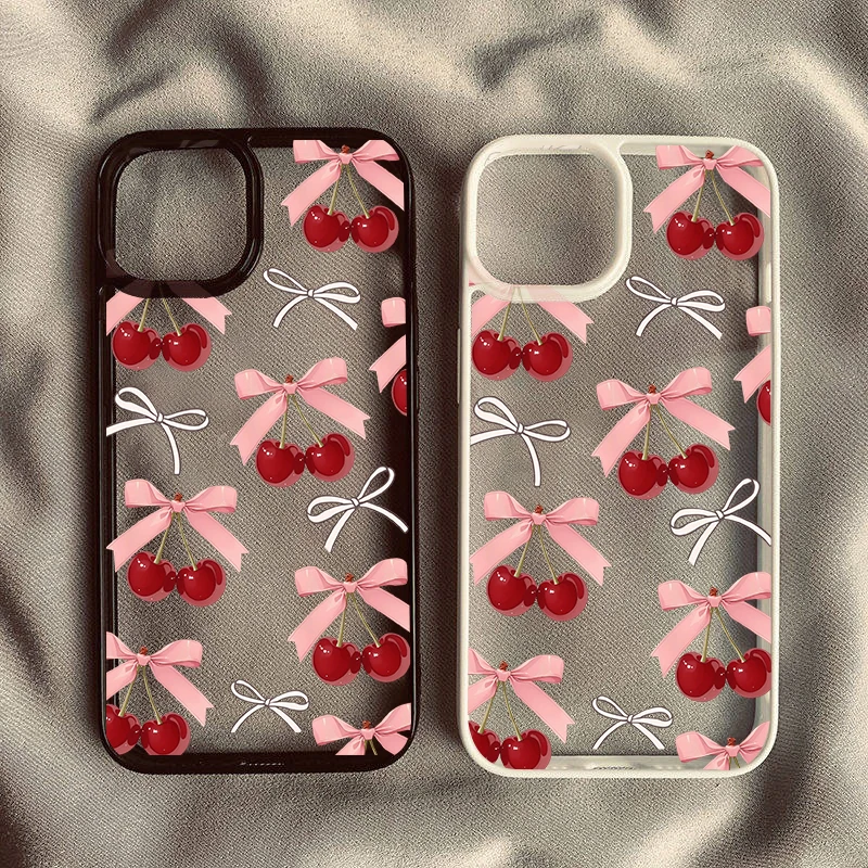 Charming Pink Bow Crystal Cherry Clear Phone Case with Love Heart Design