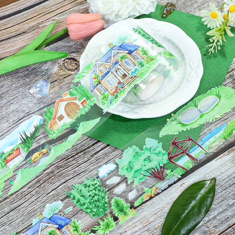 7cm*2m 시골 녹지 PET 와시 테이프 마을 투명 롤 스티커 장 갈매기 테이프 스크랩북킹 저널용