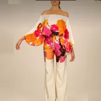 Women's Printed Satin 2-piece Set, Off Shoulder Lantern Sleeve Top, Wide Leg Pants, Elegant Office Shirt - Image 6