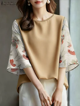 ZANZEA Camicette con maniche in chiffon stampato floreale da donna elegante Camicette casual con bordi in pizzo O-Collo Manica a 3/4 Top larghi Abiti da donna primaverili