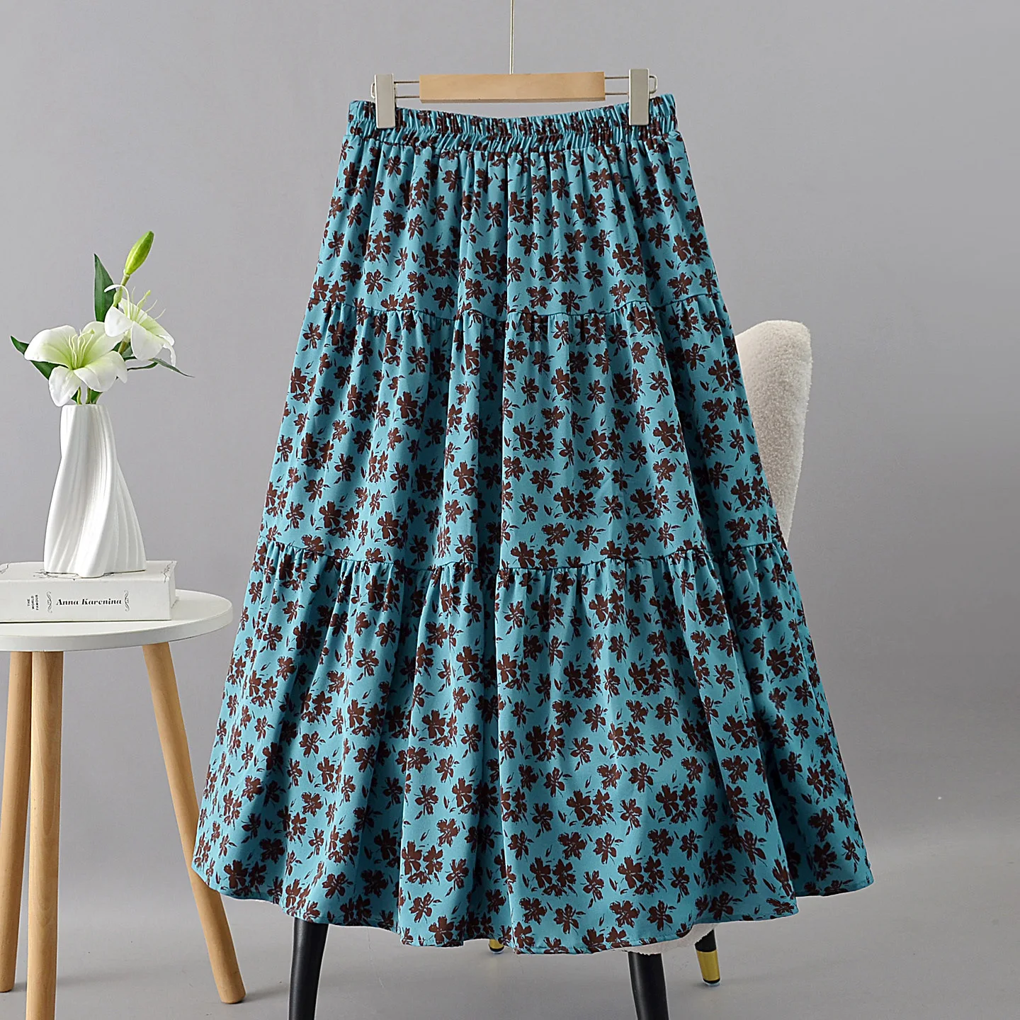 Plus Size Women's Long Skirts Autumn Of 2025 New Korean-style Fashion Floral Peacock Blue Cake Skirt 5977