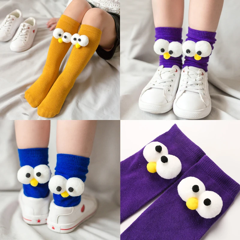 Cozy Cartoon Knee-High Cotton Socks for Kids - Fun Eye Design Christmas Gift