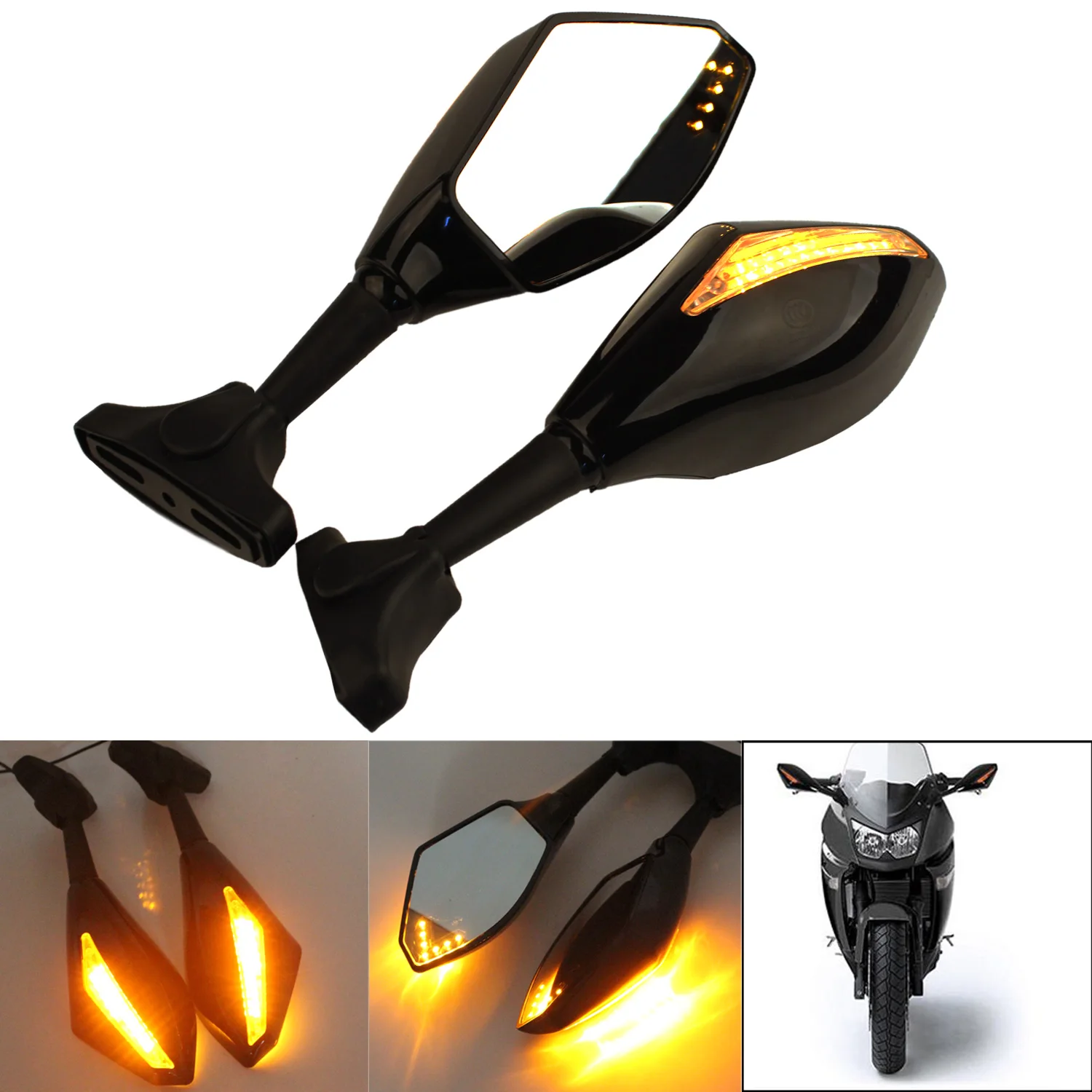 Motorcycle Integrated LED Turn Signal Mirrors with Front Yellow LED for Honda CBR 600 F4i 929 954 RR F1 F2 Hurricane Black