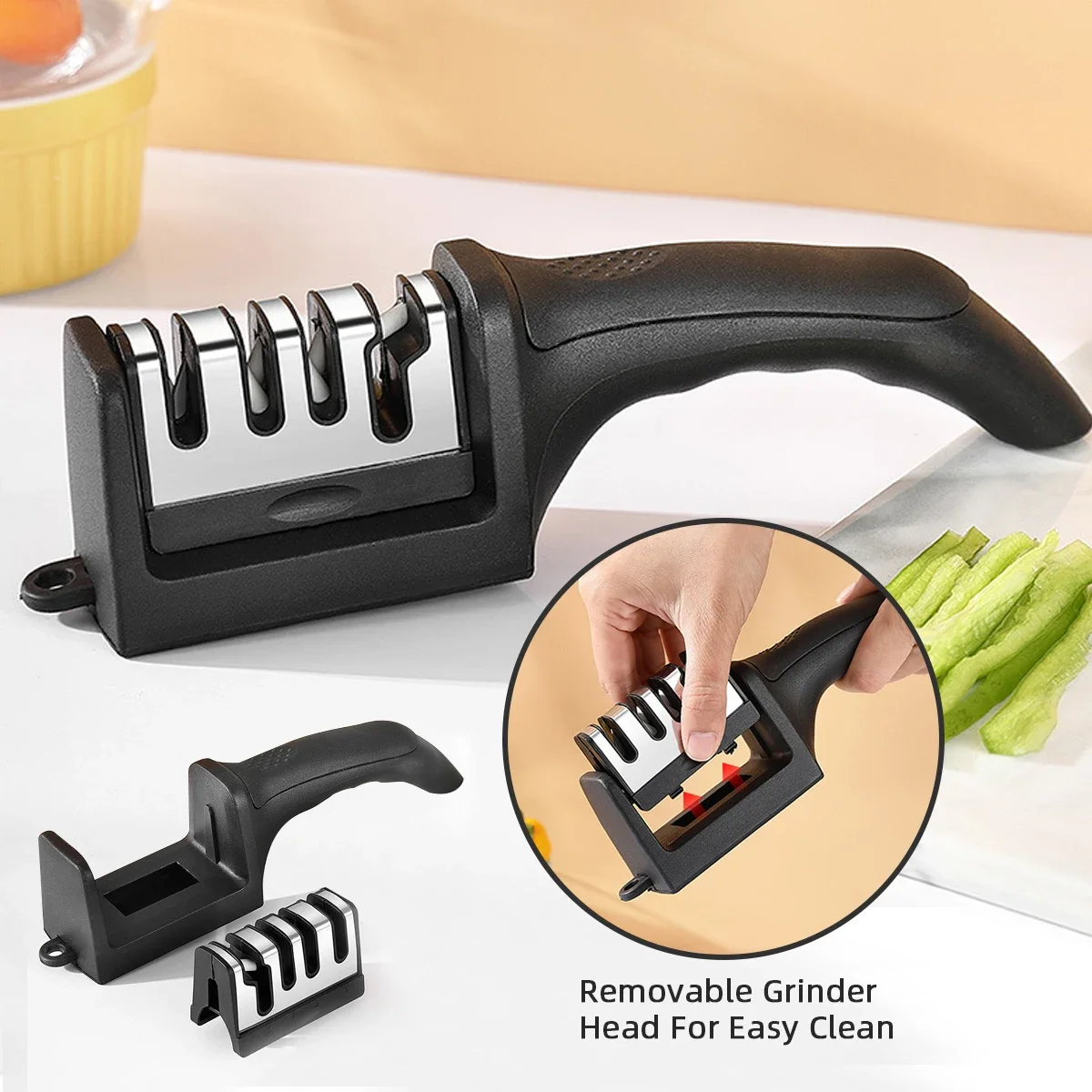 

New Kitchen 3/4-Segment Knife Sharpener Household MultiFunctional Hand-Held Three-Purpose Black Sharpening Stone