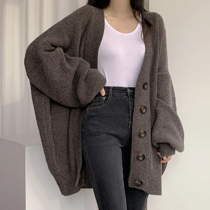 Autumn and Winter Casual V-neck Single-breasted Loose Lantern Sleeve Knitted Cardigan Sweater Women's Solid Color Sweater Jacket
